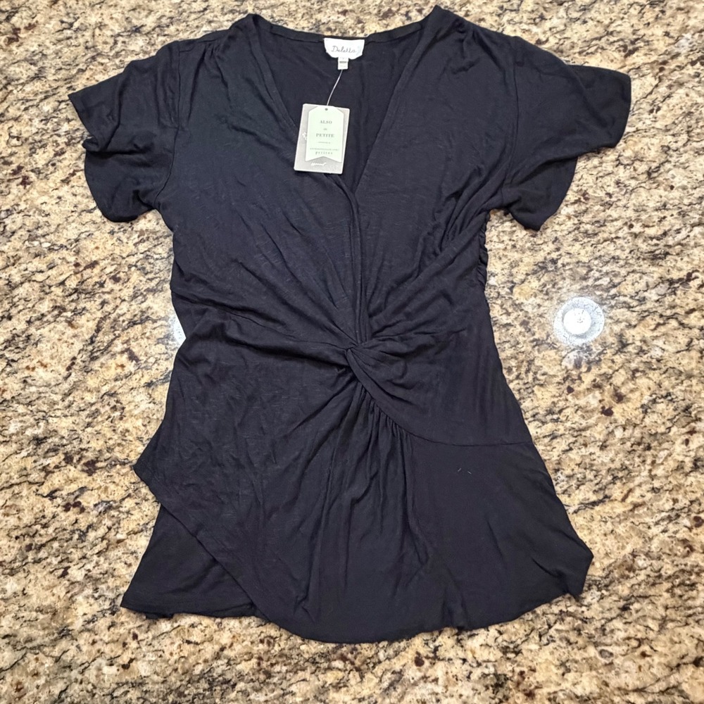 NEW Deletta Anthropologie Black Twist Front V-Neck Short Sleeve Top Small ws